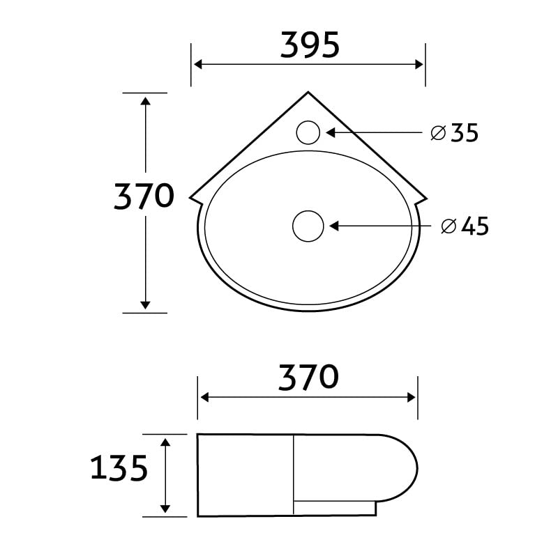 Compact Corner Wall Hung Basin Sink with Single Tap Hole Space-Saving Cloakroom Hand Wash Basin White Ceramic Corner Sink for Small Bathrooms & En-suites 370mm x 395mm