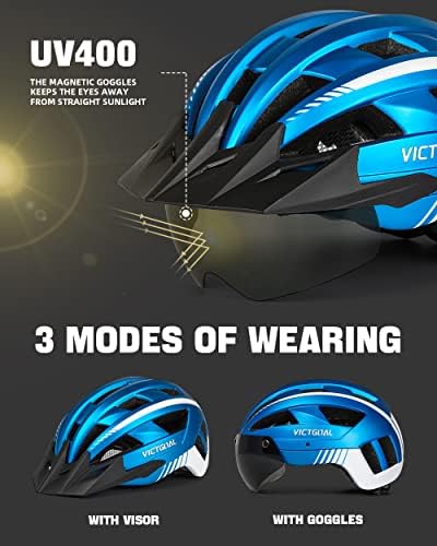 VICTGOAL Bike Helmet with USB Rechargeable Rear Light Detachable Magnetic Goggles Removable Sun Visor Mountain & Road Bicycle Helmets for Men Women Adult Cycling Helmets