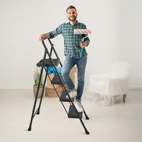 4 Step Ladder, Protable Steel Folding Stool with Wide Anti-Slip Pedal, 500lbs Sturdy Steel Ladder, Black