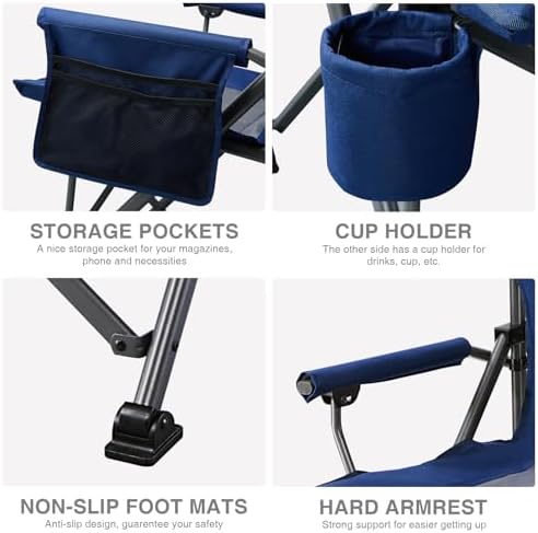 EVER ADVANCED Oversized Folding Camping Chair for Adults, Heavy Duty Lawn Chair with Side Pockets, Portable Collapsible Quad Chair for Outside, Support Up to 500lbs