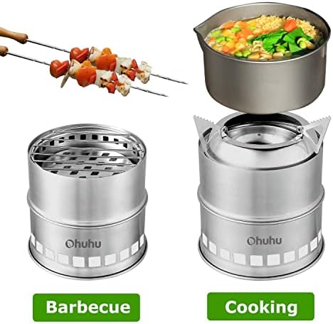 Camping Stove, Ohuhu Camp Stove Wood Burning Stove Stainless Steel Stoves Mini Portable Stove for Camping Picnic BBQ Backpacking Hiking Survival Emergency Cooking Outdoor with Grill Grid Carry Bag