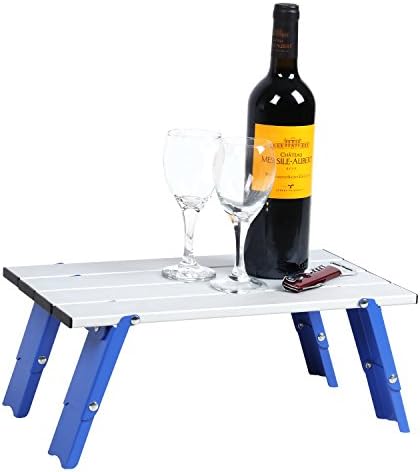 PORTAL Folding Mini Small Beach Table, Portable Aluminum Beach Table with Retractable Legs and Carry Bag for Outdoor Picnic/Cooking/Camp/Travel/Beach,15" L x 8" W x 6" H, Silver/Blue
