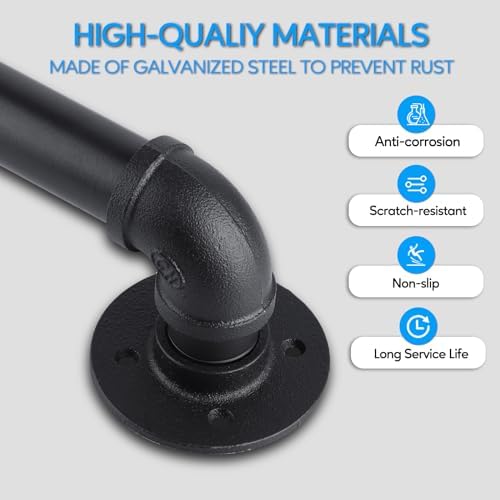 Pipe Stair Handrail, 4 Ft Metal Staircase Handrail, Black Galvanized Industrial Iron Hand Rail for Indoor & Outdoor Wall Mount Support, Wall Hand Railing,Safety Handle, Steps Baluster(HR02)