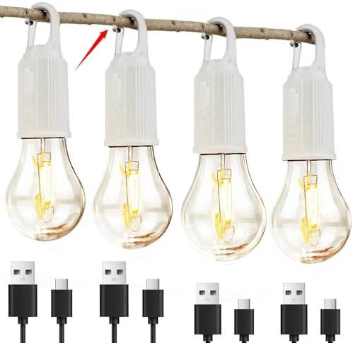 4 Pack Camping Lights Rechargeable, Hanging Tent Lights Bulb with Hook, Timer Function, 3 Lighting Modes Tent Lamp for Camping, Hiking, Backpacking, Emergency Outage (White)