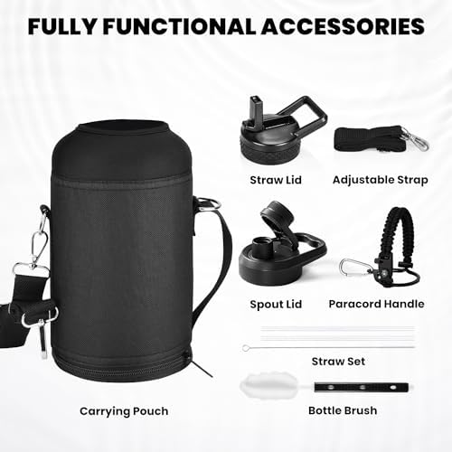 Insulated Water Bottle 64 oz, Triple Wall Vacuum Stainless Steel (Cold for 48 Hrs), Leak Proof & Non-BPA, Half Gallon Water Flask Jug with Paracord Handle & Straw Spout Lids, Magic Black