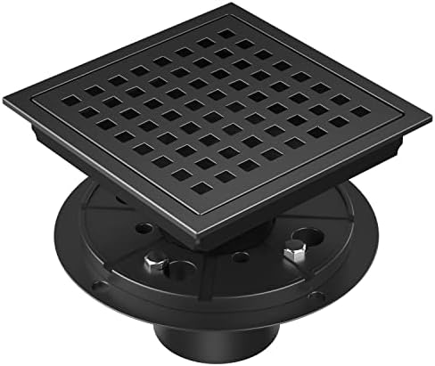 EXF Square Shower Drain 6 Inch Matte Black, Stainless Steel Shower Floor Drain Kit with ABS Flange, Removable Grid Grate, Hair Strainer, Not Fit for Bathtub