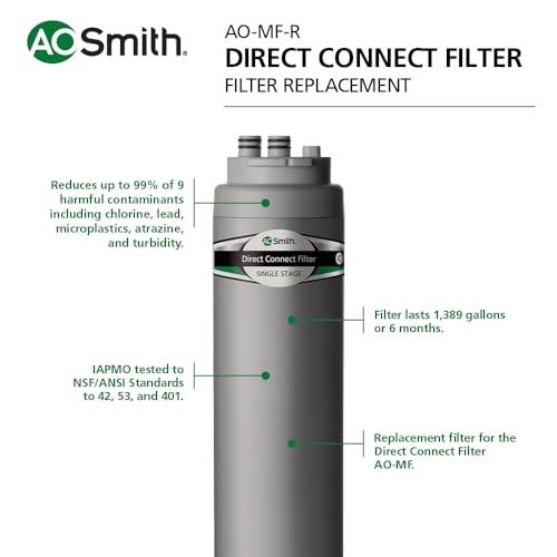 AO Smith Basic Direct Connect Under Sink Replacement Filter For AO-MF System - Carbon Block Filter Reduces Up To 99% Of 9 Harmful Contaminants - AO-MF-R