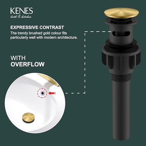 KENES Brushed Gold Pop Up Bathroom Sink Drain with Overflow Assembly with Strainer Lavatory Vanity Vessel Pop Up Drain Stopper
