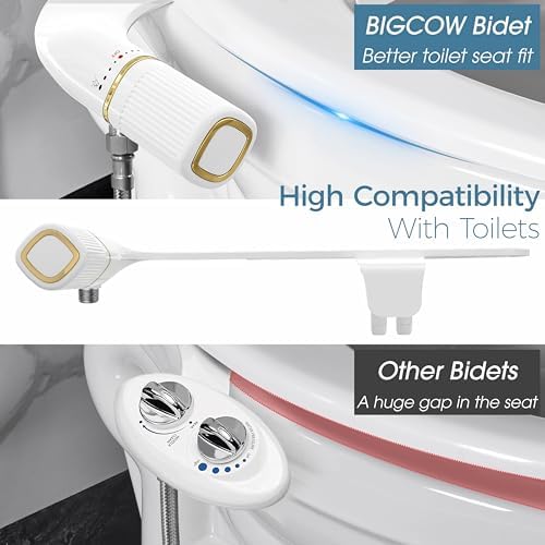 BIGCOW Ultra-Slim Bidet Attachment for Toilet - Dual Nozzle (Frontal & Rear Wash) with Adjustable Cold Water Pressure and Stainless Steel Inlet - Hygienic Solution for Fresh Cleanliness