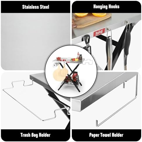Foldable Grill Table with Extra Storage Bottom Shelf, Outdoor Indoor Foldable Outdoor Grill Stand Table with Garage Rack & Tissue Holder,Easy Set-up, 30" x 24", Silver
