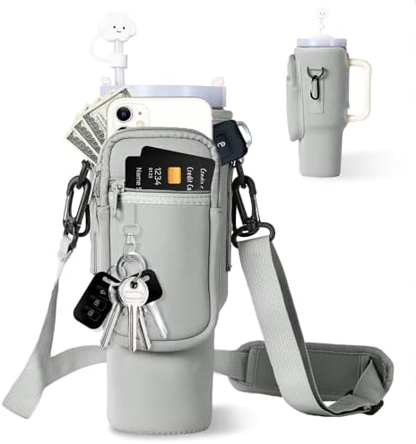 dabria Water Bottle Carrier Bag with Phone Pocket for Stanley 40/30 oz Tumbler Neoprene Water Bottle Holder Pouch with Adjustable Strap Bollus with Straw Cover & Carabiner for Stanley Cup Accessories