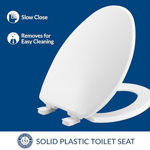 Bemis 7300SLEC Slow Close Toilet Seat, Easy Clean Hinges and Durable Plastic Seat, Made in USA, Elongated, White