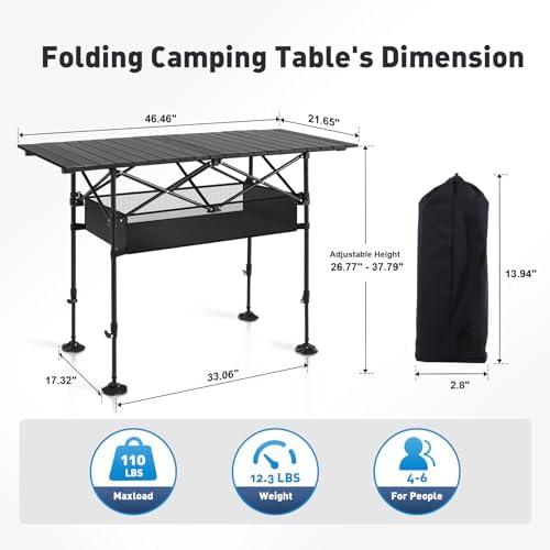ALPHA CAMP Folding Camping Table, Portable Roll-up Outdoor Table with Adjustable Height, Large Storage Bag and Carrying Bag, Tall Aluminum Table for Indoor & Outdoor Picnic BBQ Backyards Beach