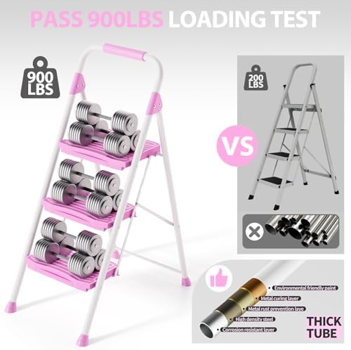 KINGRACK 3 Step Ladder, Sturdy Step Stool with Handrail, Anti-Slip Wide Pedals, 900lbs Foldable Step Stool for Home, Garage, Garden, Household, Large Loading Capacity, Pink