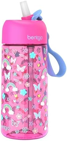 Bentgo Kids Water Bottle - Leak-Proof, Durable Tritan, BPA-Free 15 oz. Cup for Kids/Toddlers Ages 3+, Safe Sip Spout, Carrying Handle, & Dishwasher Safe for School & Sports (Rainbows & Butterflies)