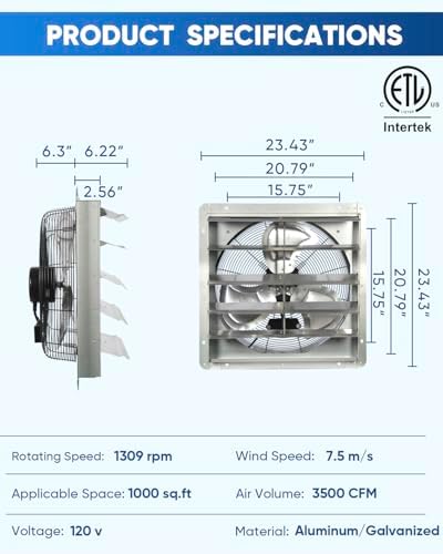 KEN BROWN 20 Inch Shutter Exhaust Fan With 1.65 Meters Power Cord Wall Mounted, High Speed 3500CFM, Vent Fan For Garages And Shops, Greenhouse,Attic Ventilation