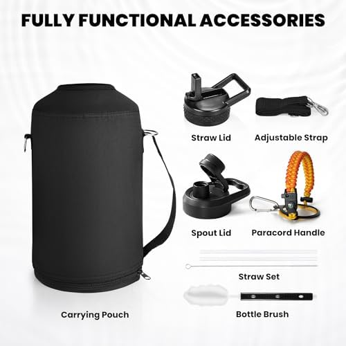 One Gallon Water Bottle Insulated, Triple Walled Vacuum Stainless Steel (Cold for 48 Hrs), Leak Proof & Non-BPA, Large Water Flask Jug with Paracord Handle & Straw Spout Lids