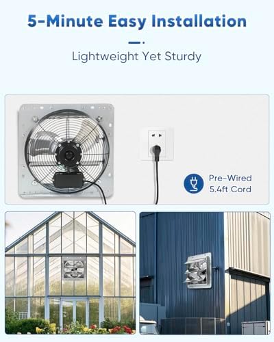 KEN BROWN 12 Inch Shutter Exhaust Fan Wall Mounted,Aluminum with 1.65 Meters Power Cord Kit,High Speed 1450CFM,Vent fan for Commercial,Greenhouse,Attic,Shed,Shop