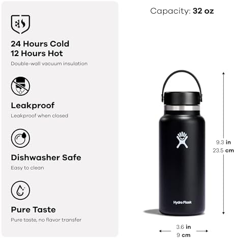 Hydro Flask Wide Mouth vacuum insulated stainless steel water bottle with leakproof closeable lid for cold water drinks, sports, travel, car and school