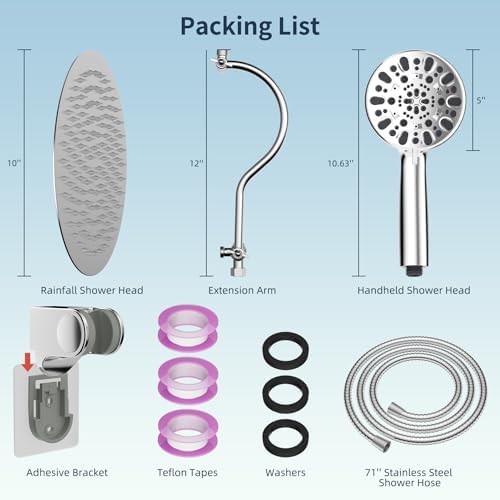 Hibbent All Metal Shower Head, 10'' High Pressure Rainfall Shower Head/Handheld Showerhead Combo with 12'' Adjustable Curved Shower Extension Arm, 7-Spray, 71'' Shower Hose, Shower Head Holder, Chrome