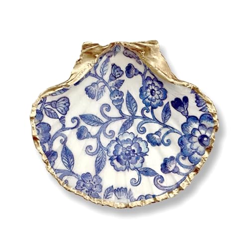 Blue Floral Lace Trinket with Pearl Earrings, Chinoiserie Home Decor Jewelry Ring Dish Gifts for Women Mom Mother Wife Bride Birthday Wedding Engagement Christmas Stocking Stuffers Room Decor Gift Box