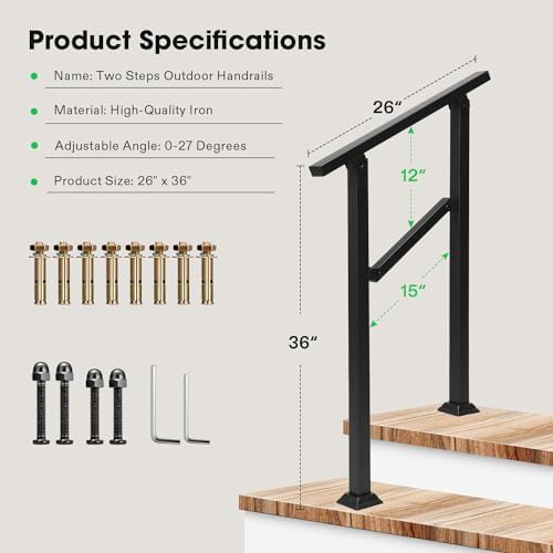 VIVOSUN Outdoor Handrail, 2 Step Stair Handrail, 26" × 36" Fits 1 to 2 Steps, Wrought Mattle Iron Handrail for Concrete Steps, Porch Steps, One-Step Assembly, Black