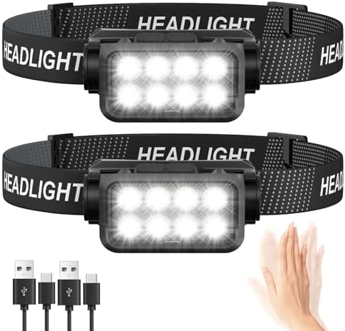 Rechargeable Headlamp Flashlight 2-Pack, 8 LED 2500 Lumen Ultra-Light Bright Headlight with Motion Sensor, Waterproof Lightweight Head Lamp for Adult Kid, Headlamps for Outdoor Camping Running Fishing