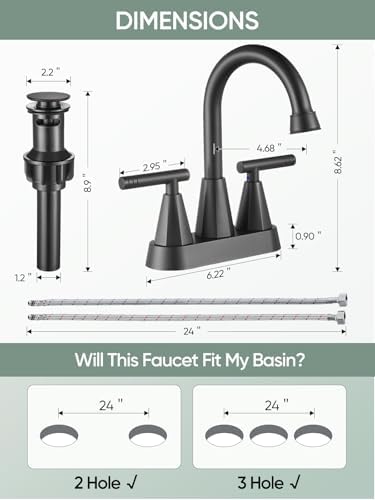 Cobbe Bathroom Faucets for Sink 3 Hole, 4 Inch with Pop Up Drain and 2 Supply Hoses, 2 Handle Centerset Bathroom Faucet for Sink Vanity, Midnight Black Matte, 2 Pack