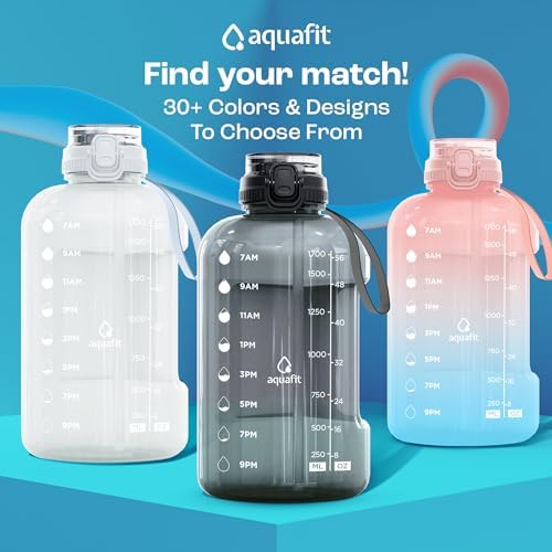 AQUAFIT 64 oz Water Bottle with Time Marker - Straw & Chug Lid - BPA Free Big Water Bottle with Straw - Gym Water Bottle with Handle - Gallon Water Jug (64 Ounces, Blue)