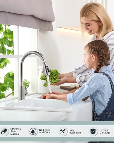 WOWOW Kitchen Faucet with Sprayer, Kitchen Sink Faucet, SUS 304 Stainless Steel, High Arc Single Handle Brushed Nickel Kitchen Faucets with Pull Down Sprayer, Pull Out Kitchen Faucet with Deck Plate