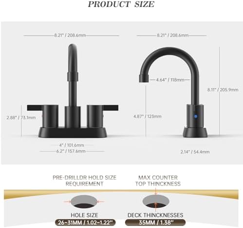 Phiestina 4 Inch 2 Handle Centerset Matte Black Lead-Free Modern Bathroom Faucet, 360 Swivel Spout 2-3 Hole RV Bathroom Vanity Sink Faucet with Pop Up Drain and Water Supply Lines,BF015-1-MB