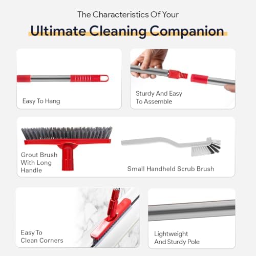 Foxtrot Living Grout Brush with Long Handle & Handheld Stiff Bristle Scrubber, V-Shaped Cleaner with Telescopic Handle for Easy Cleaning & Storage - Tile Floor Cleaning Brush