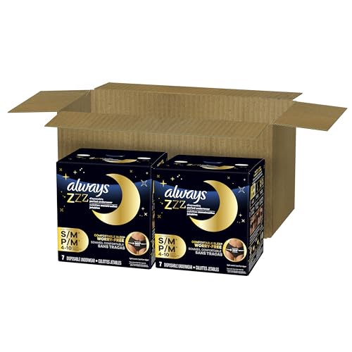 Always ZZZs Overnight Disposable Period Underwear for Women, Size S/M, Black Period Panties, Leakproof, 7 Count, Pack of 2 (14 Count Total)