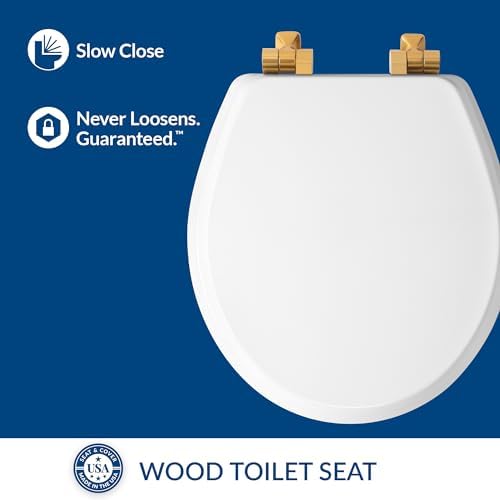 Mayfair Bennett Toilet Seat with Brushed Gold Hinges, Slow Close Wood Seat, Secure Metal Hinges, Easy Install, Made in USA, Round, White