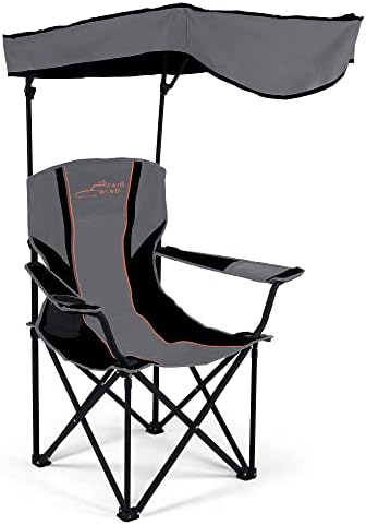 FAIR WIND Oversized Camping Lounge Chair with Adjustable Shade Canopy, Heavy Duty Quad Fold Chair Arm Chair - Support 350 LBS (Black Grey)