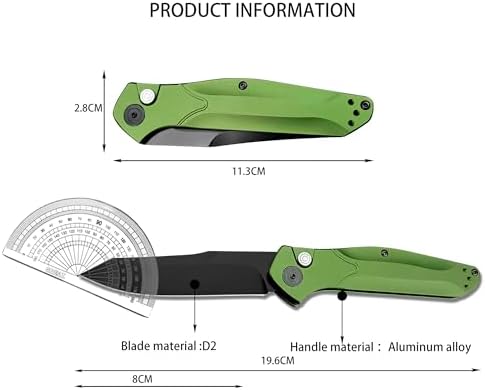 HUAAO 7.7” Assisted Opening Push Button Pocket Knife, Folding Knife with Reversible Pocket Clip, 3.14” D2 Blade and Green Aluminum Alloy Handles, Outdoor Survival Knife EDC Hunting Tool