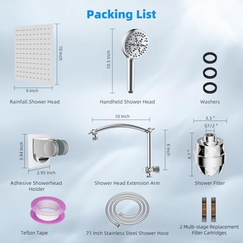 Hibbent All Metal 10'' Dual Filtered Rainfall Shower Head Combo, High Pressure Handheld Shower Head with 16'' Adjustable Arc Extension Arm, 20 Stage Shower Filter, 10-spray, 71'' Shower Hose, Chrome
