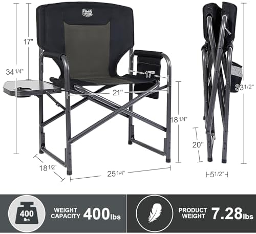 TIMBER RIDGE Aluminum Oversized Camping Chair, Lightweight Portable Directors Chair with Side Table Detachable Side Pocket for Outdoor Camping, Lawn, Picnic, Support 400lbs Black