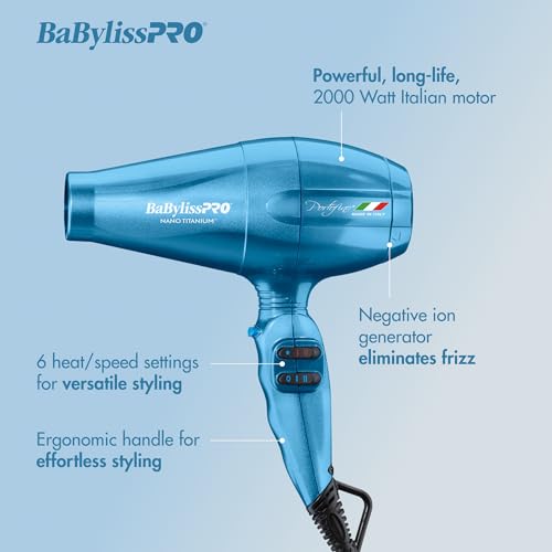 BaBylissPRO Hair Dryer, Nano Titanium Portofino 2000-Watt Blow Dryer, Hair Styling & Appliances, Blue, BNTB6610N