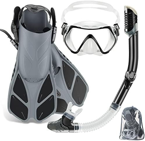 ZEEPORTE Mask Fin Snorkel Set, Travel Size Snorkeling Gear for Adults with Panoramic View Anti-Fog Mask, Trek Fins, Dry Top Snorkel and Gear Bag for Swimming Training, Snorkeling Kit Diving Packages