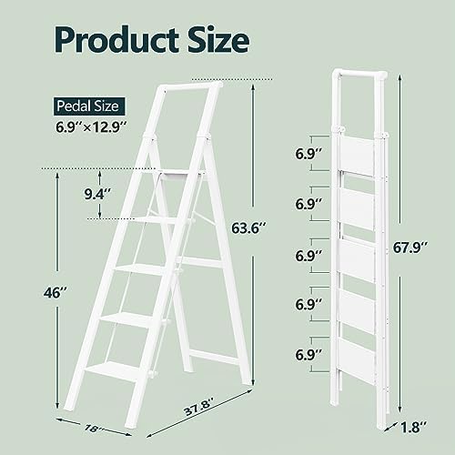 WOA WOA 5 Step Ladder, Ladders for Home, Anti-Slip Pedals, Aluminum Step Stool Foldable, Lightweight to Move, Ease of Storage, Reach 10ft for Closet Kitchen Library, Hold 300lbs - White