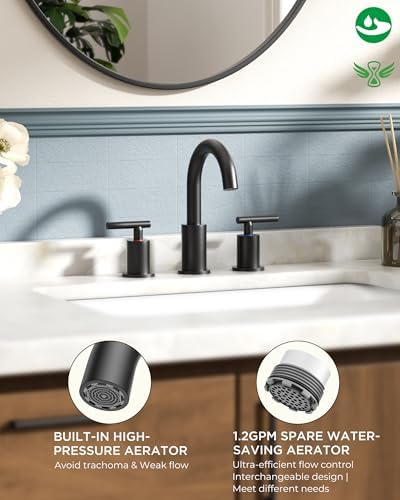 FORIOUS Bathroom Faucets, 8 Inch Widespread Matte Black Bathroom Sink Faucet 3 Hole with 360°Swivel Spout, Suitable for 6-12 Inch Vanity Sink, with Metal Pop-up Drain and cUPC Supply Line