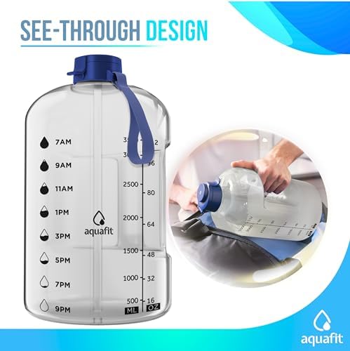 AQUAFIT 1 Gallon Water Bottle With Straw & Times To Drink - 128 oz - Motivational - Large - Sports Gym Water Jug With Time Marker
