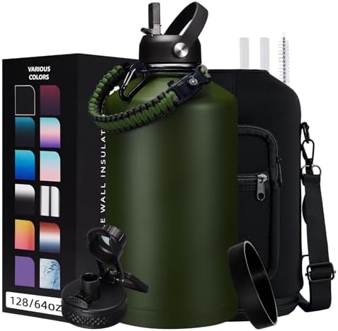 128 OZ Insulated Water-Bottles with Strap - 1 Gallon Water Jug with Straw & Spout Lid, Stainless Steel Large Water Bottle Leak Proof, Cold-48h Hot-24h Metal Water Flask w/Paracord Handle, Carrier Bag