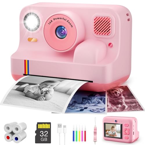 Instant Print Camera for Kids, App Printing, 1080P Video, Dual-Lens Selfie Digital Camera with 32G SD, Christmas Birthday Gifts for Girls Boys 4 5 6 7 8 9 10 11 12 Year Old, Portable Toddler Toy
