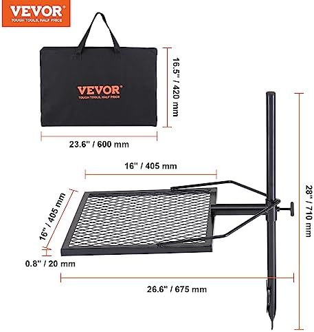 VEVOR Swivel Campfire Grill, Fire Pit Grill Grate over Fire Pits, Heavy Duty Steel Grill Grates, 360° Adjustable Open Fire Outdoor Cooking Equipment, Portable Camp Fire Racks for Camping Outdoor BBQ