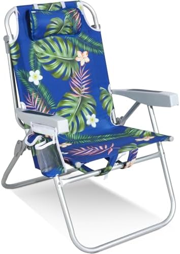 Tall Beach Chairs for Adults – 5-Position Reclining Backpack Chair with Large Insulated Cooler & Storage Pocket, Aluminum Frame, Portable for Travel & Outdoor, Supports 300lbs, Tropical Palm