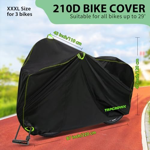 Bike Cover Waterproof Outdoor Storage for 3 Bikes, Bicycle Cover Rain Sun UV Dust Wind Proof with Storage Bag for Mountain Road Bike/Ebike (210D Black+Green, XXXL Size for 3 bikes)