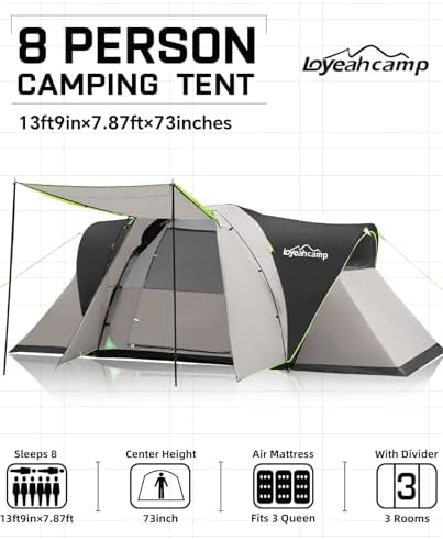 8 Person Larger Extended Dome Camping Tent with 3 Rooms, Waterproof Semi-Freestanding Family Outdoor Tent with Spacious Interior and Mesh Windows