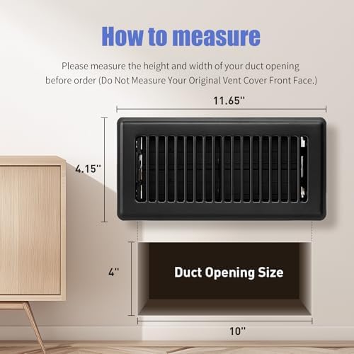 Floor Register 4x10, Floor Vent Covers for Home Floor, Sidewall, Heavy Duty Steel Walkable Floor Grates, Adjustable Air Vent Covers Rust Proof Finish, 4" x 10'' Floor Vent, 6 Pack, Black
